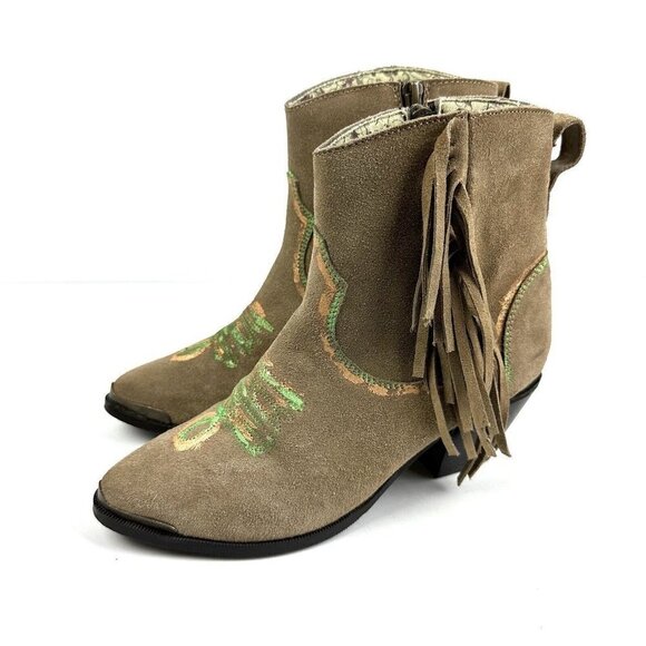 Dingo Fringe Ankle Boots 7 Tan Suede Leather Aztec Western Zip Up Bootie Womens - Picture 1 of 11
